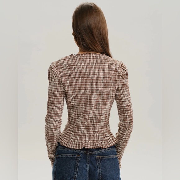 Brown Plaid Shirred Poet Sleeve Blouse - Picture 5 of 6